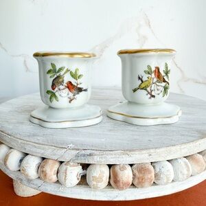 HEREND Pair Rothschild Scalloped Bottom Low Candle Holders - Birds & Butterfly